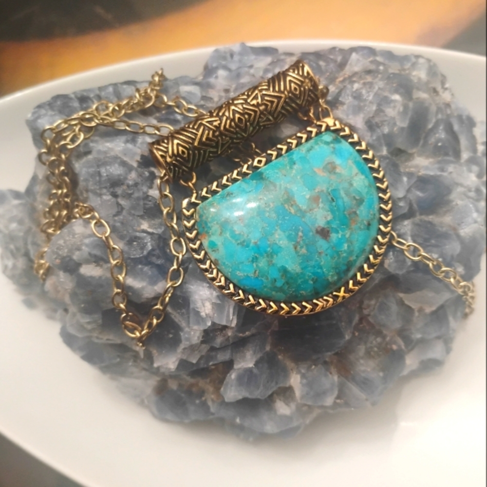 Kingman Turquoise and Bronze Half Moon Pendant with Necklace by Studio Barse - Picture 1 of 10